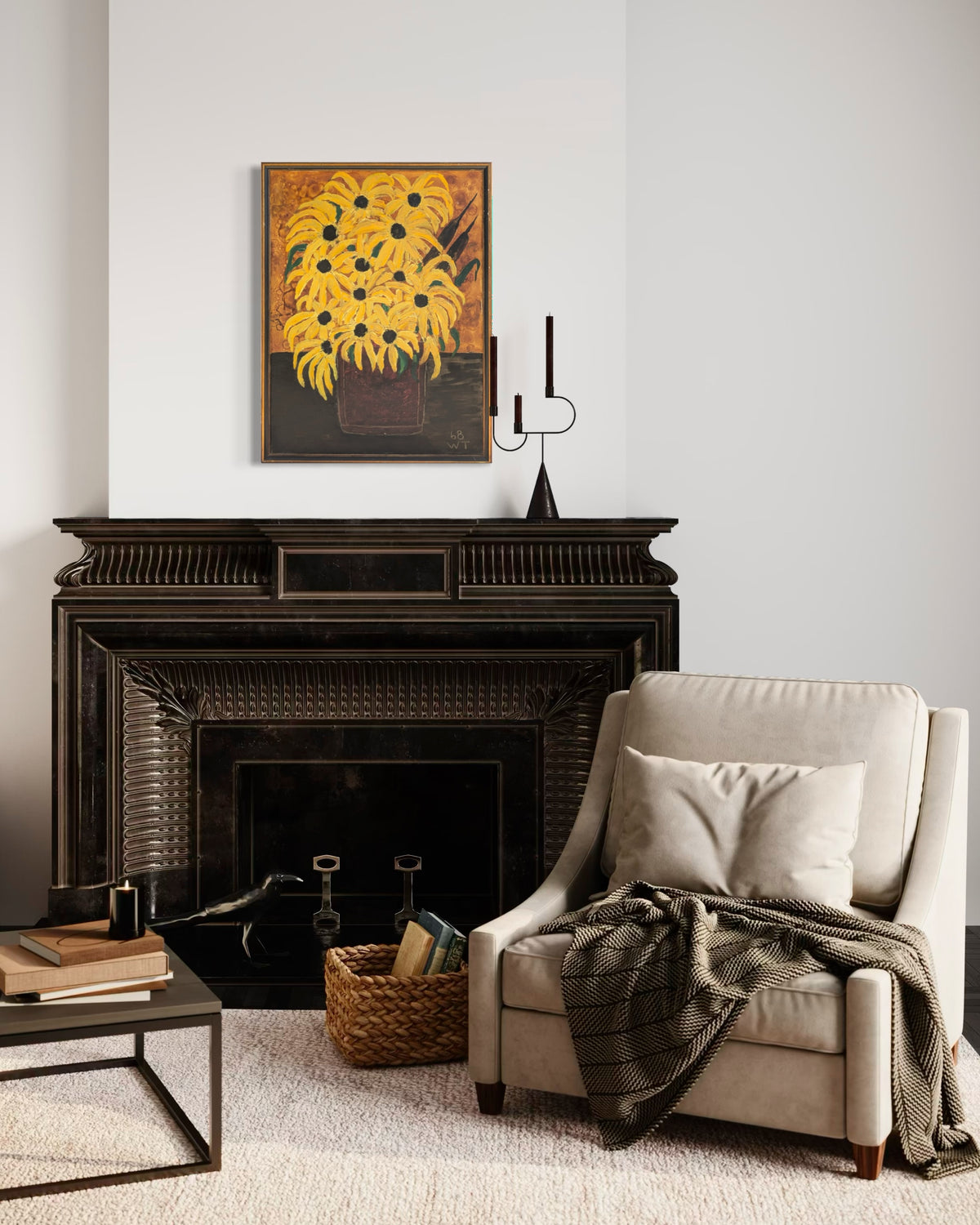 WT, Modern Still Life Painting of Yellow Sunflowers in a Vase, 1968