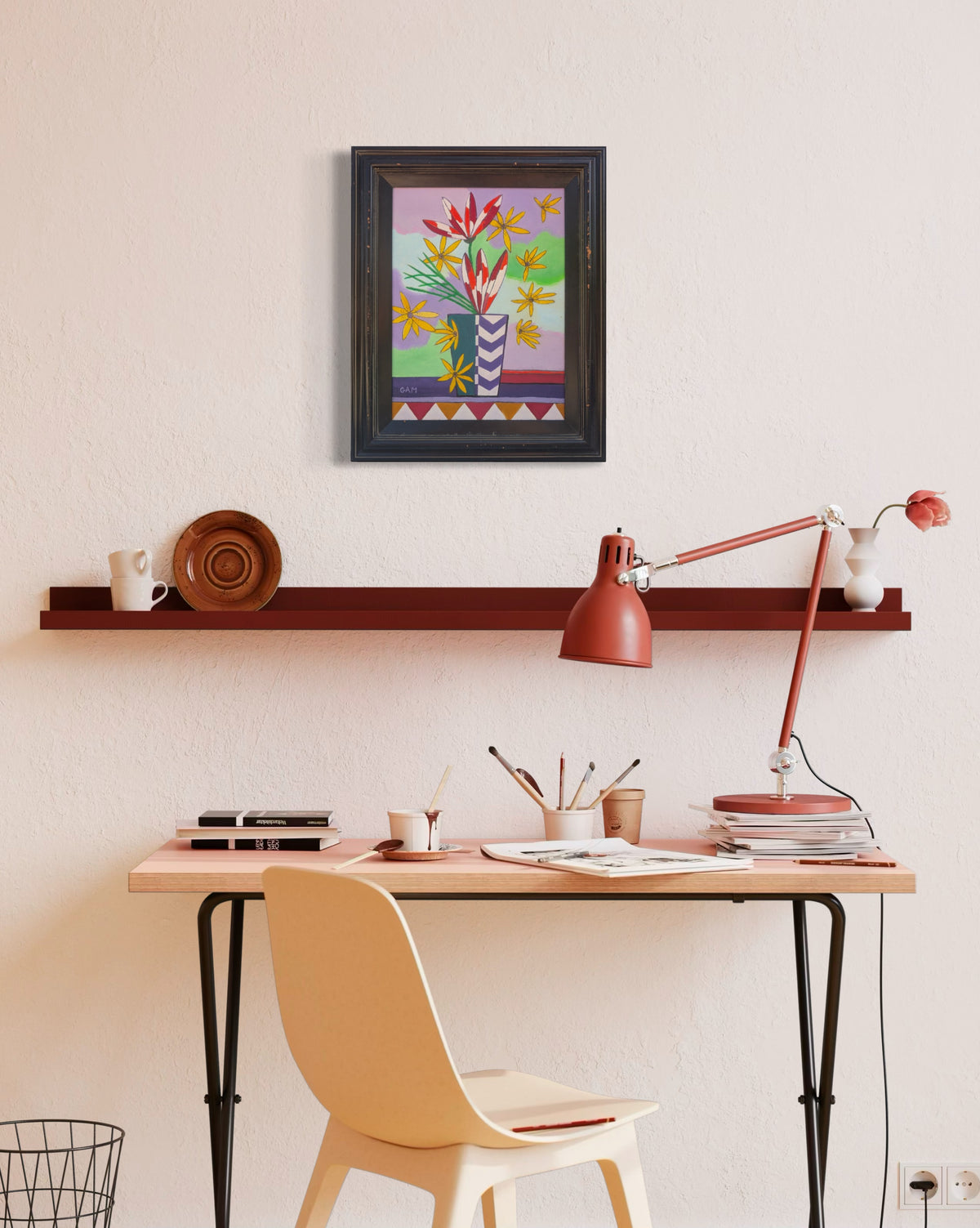 GAM, Contemporary Red, Yellow, and Purple Abstract Still Life of a Vase with Flowers