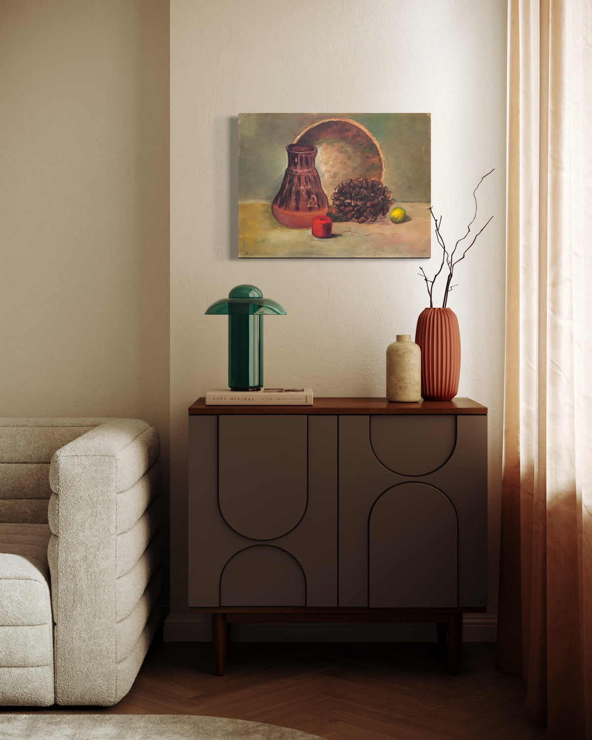 UNKNOWN, Traditional Still Life Painting of a Bowl, Vase, Pinecone, Thread, and Lime