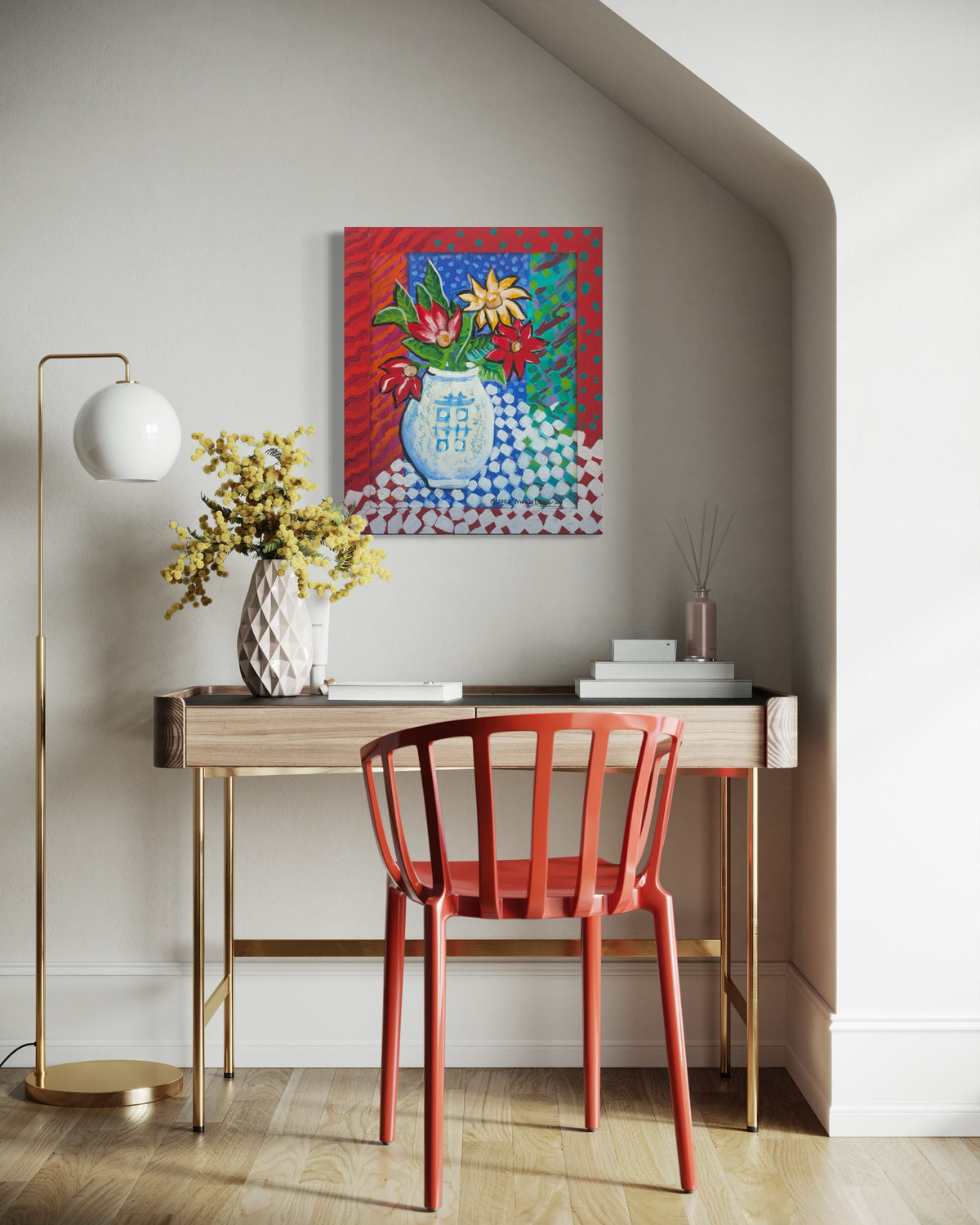 MARY DOWNING, "Table Waiting" Contemporary Colorful Red, Yellow, and Blue Still Life Painting of a Vase with Flowers ,2006