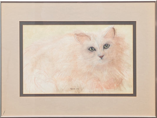 MARION BIGELOW, Naturalistic Still Life Drawing of a Fluffy White Cat, Mid 20th Century