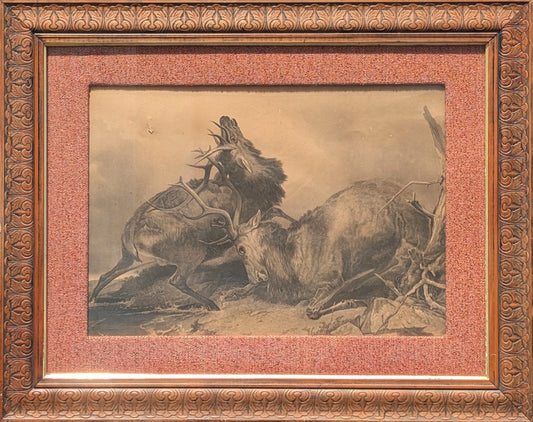 HENRY THOMAS RYALL, "The Combat" Black and White Engraving of Battling Stags