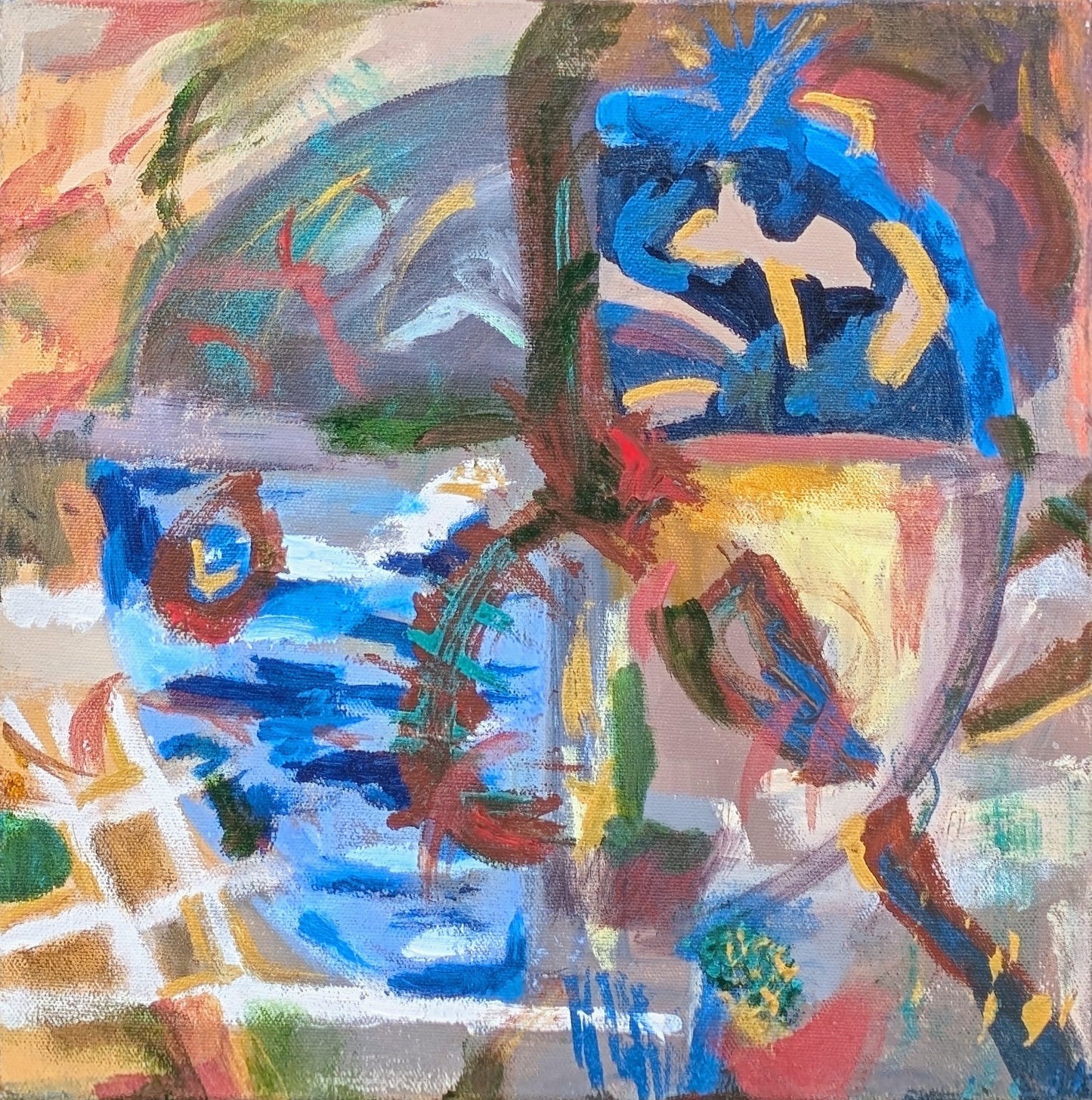 CARYN LANDAUER, "Outer Circles II" Contemporary Blue, Red, and Green Abstract Painting, 21st Century