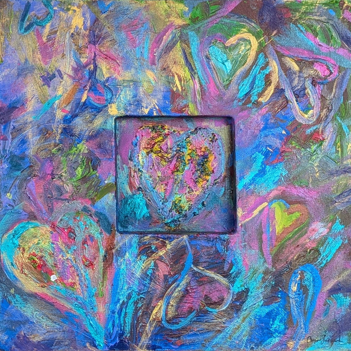 CARYN LANDAUER, "Hearts & Patterns II" Contemporary Colorful Blue, Yellow, & Pink Heart Abstract Painting