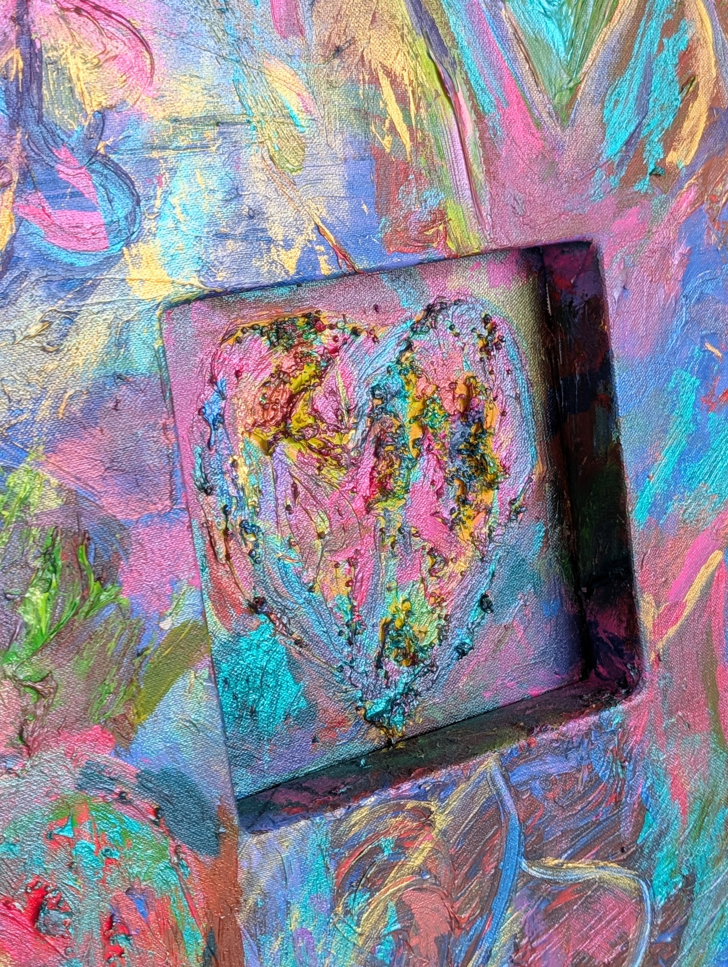 CARYN LANDAUER, "Hearts & Patterns II" Contemporary Colorful Blue, Yellow, & Pink Heart Abstract Painting