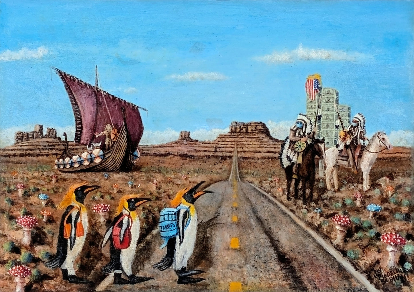 JAN MARELIUS, Contemporary Surrealist Painting of Penguins Crossing a Road with Native Americans and Vikings, 21st Century
