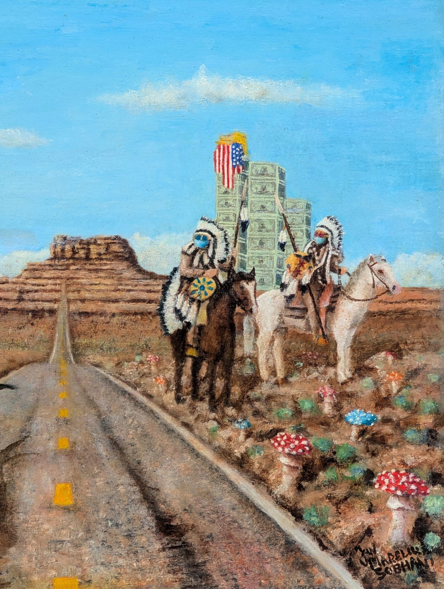 JAN MARELIUS, Contemporary Surrealist Painting of Penguins Crossing a Road with Native Americans and Vikings, 21st Century