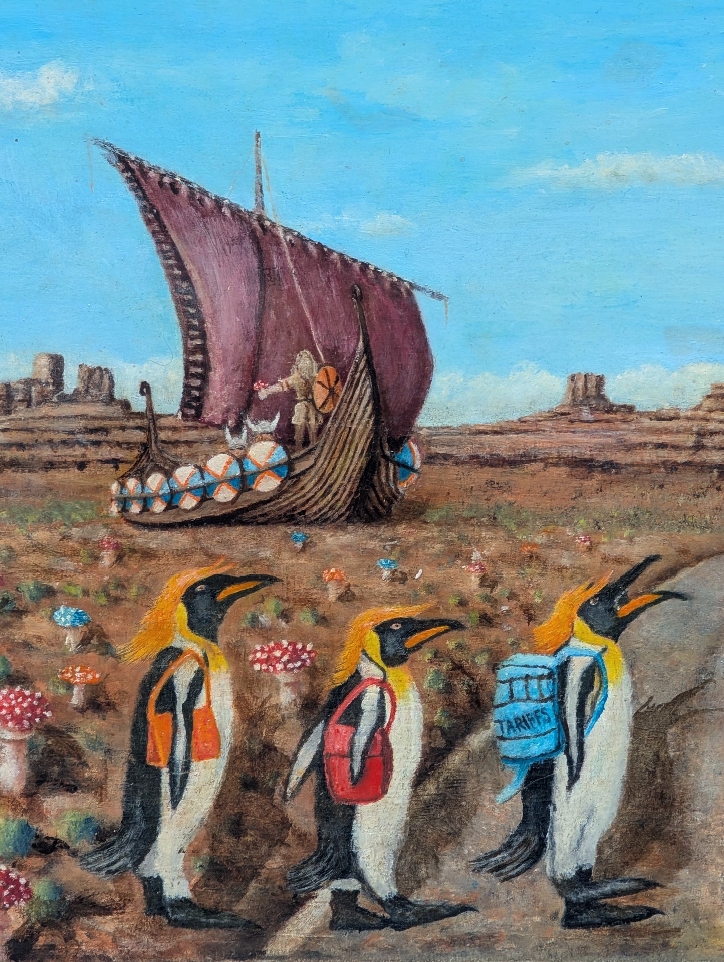 JAN MARELIUS, Contemporary Surrealist Painting of Penguins Crossing a Road with Native Americans and Vikings, 21st Century