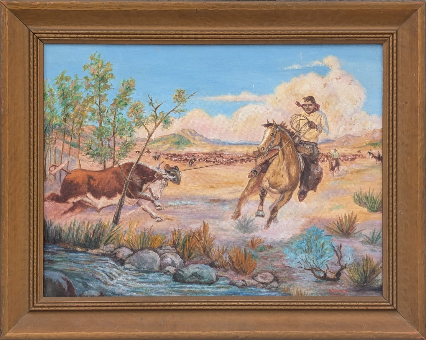 F. MANNERING, Western Landscape Painting of a Cowboy Roping a Bull, 20th Century