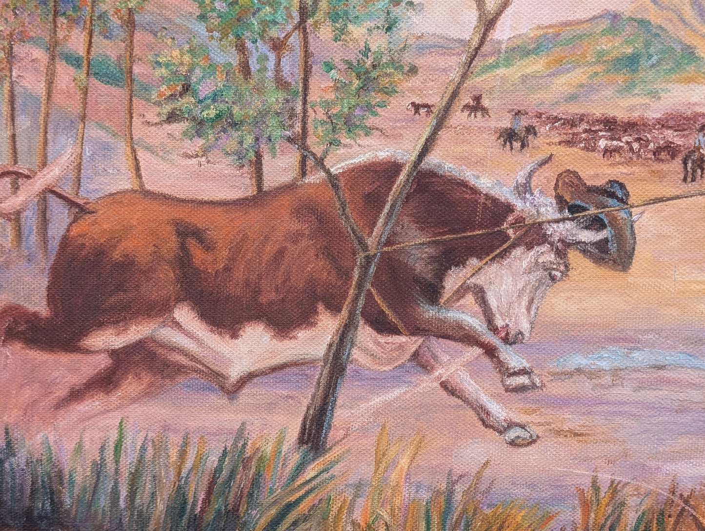 F. MANNERING, Western Landscape Painting of a Cowboy Roping a Bull, 20th Century