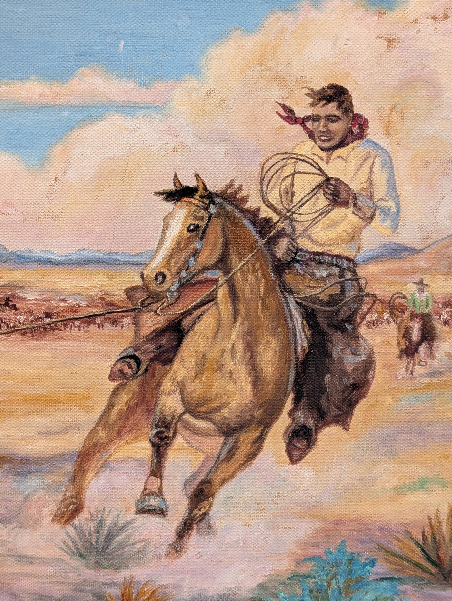 F. MANNERING, Western Landscape Painting of a Cowboy Roping a Bull, 20th Century