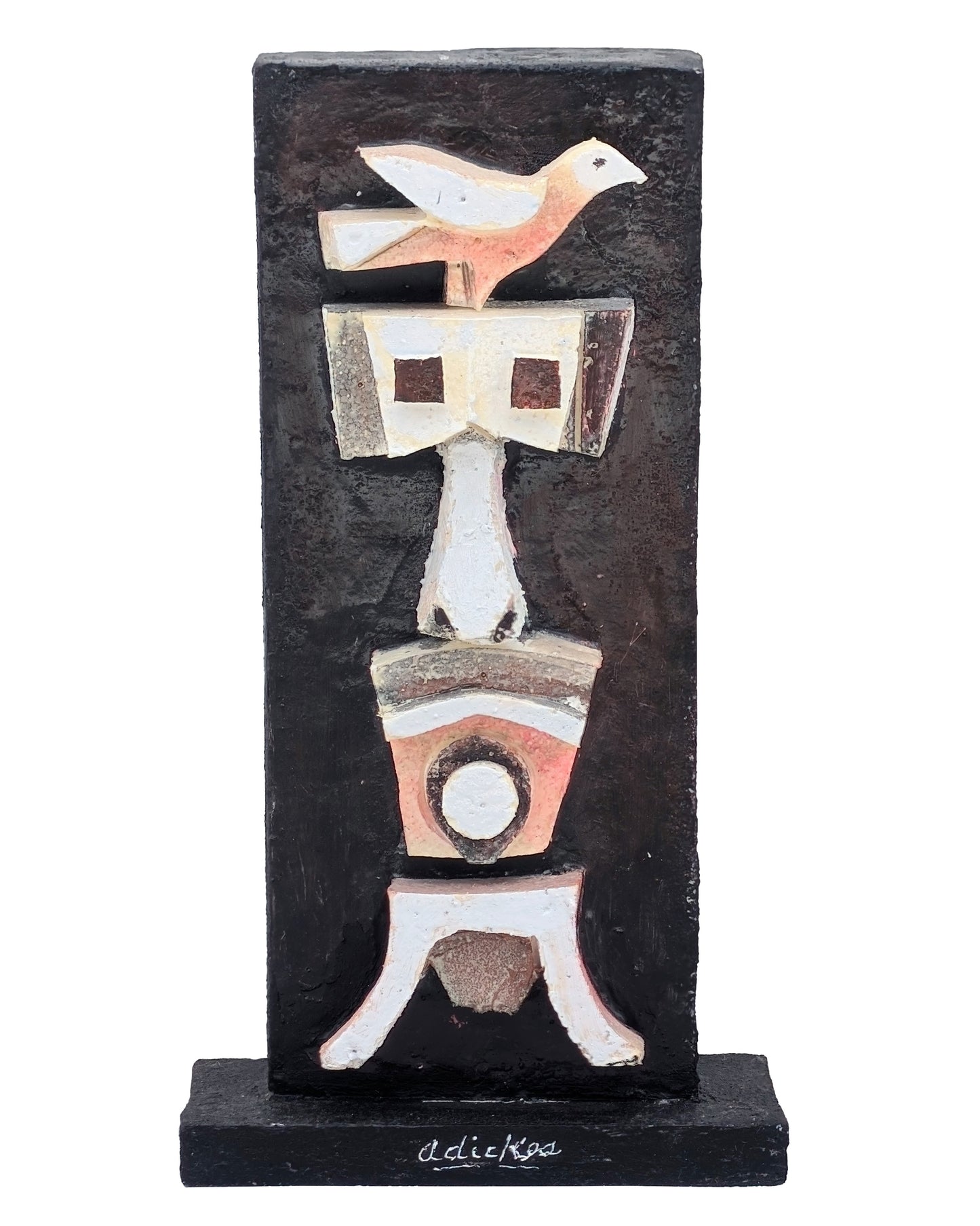 DAVID ADICKES, Black, White, & Copper Abstract Cubist Mixed Media Sculpture of a Man with a Bird on His Head