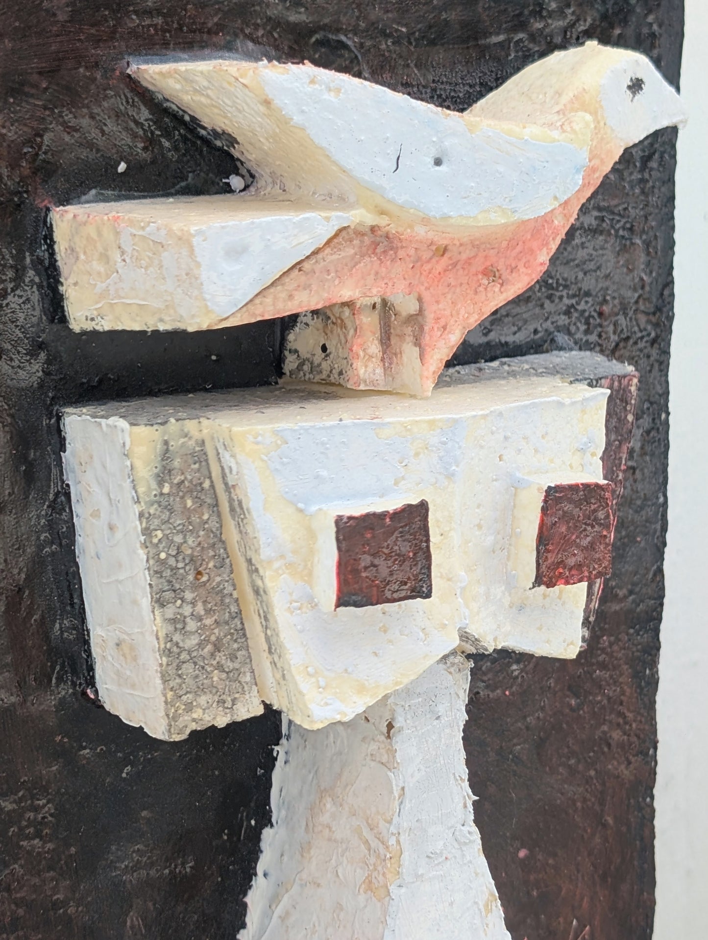 DAVID ADICKES, Black, White, & Copper Abstract Cubist Mixed Media Sculpture of a Man with a Bird on His Head