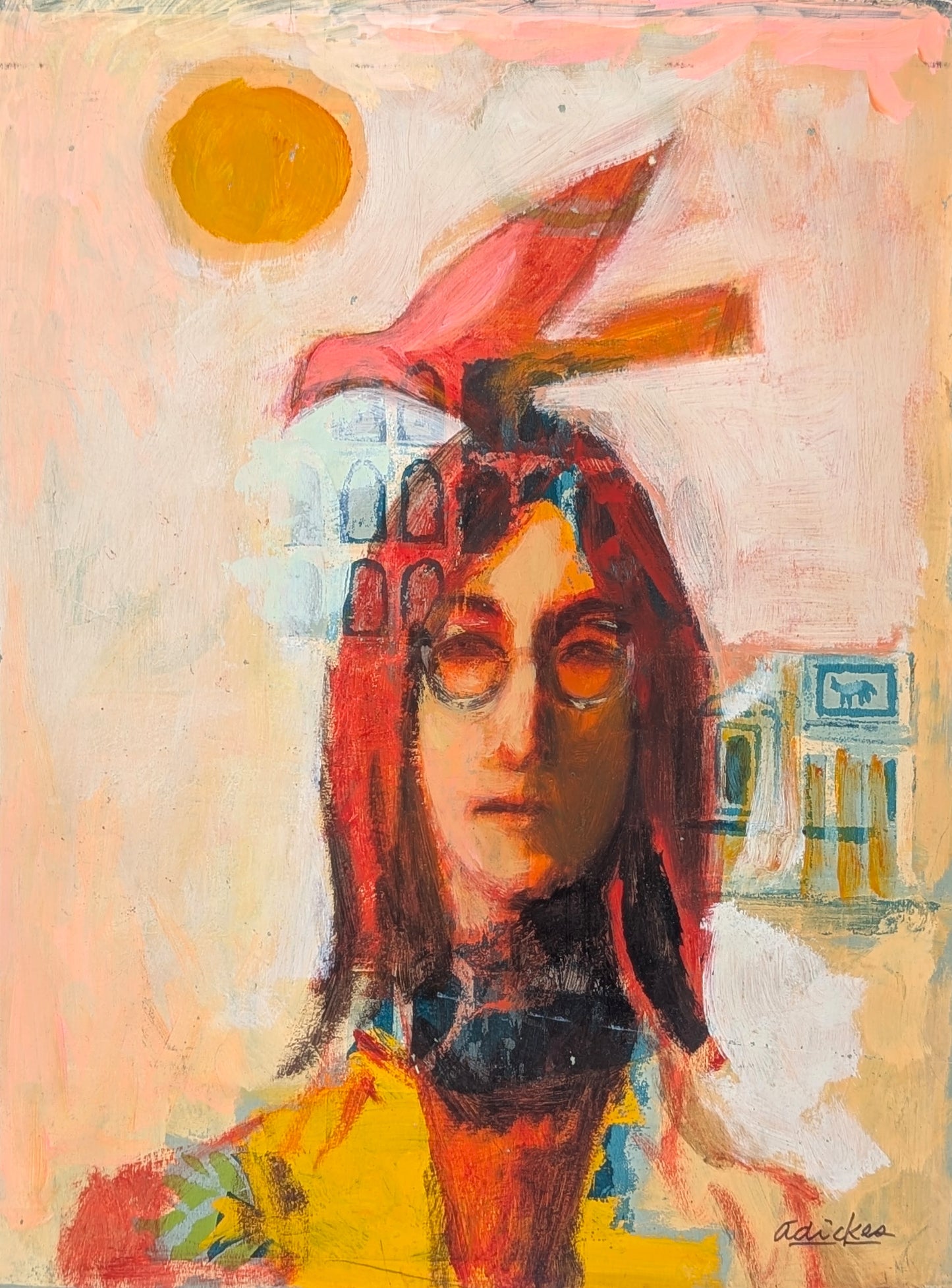 DAVID ADICKES, Modern Abstract Warm Toned Portrait of John Lennon from the Beatles with a Bird, 20th Century