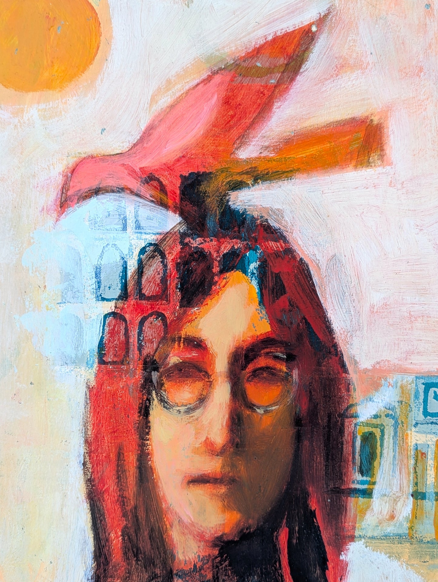 DAVID ADICKES, Modern Abstract Warm Toned Portrait of John Lennon from the Beatles with a Bird, 20th Century