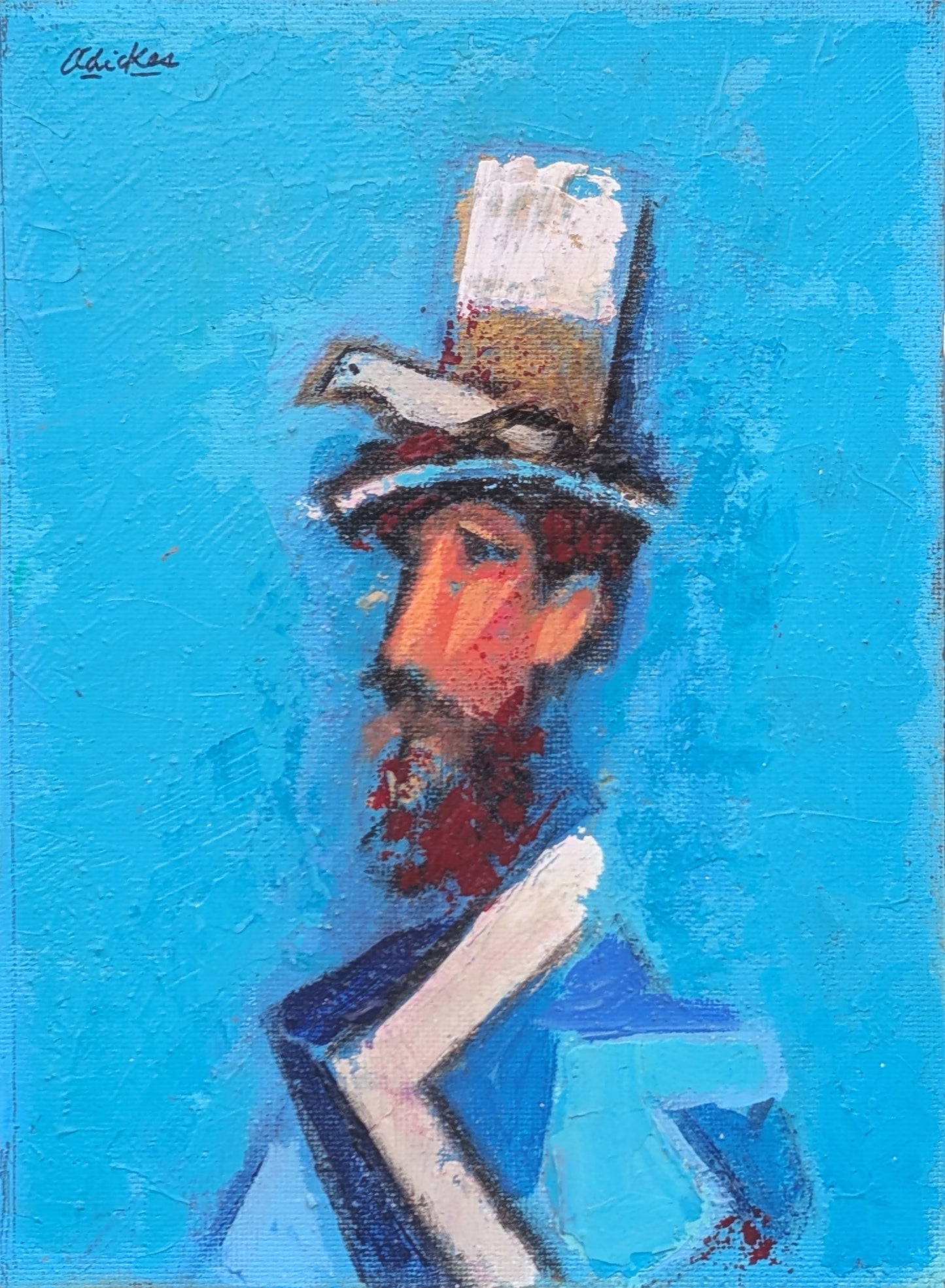 DAVID ADICKES, Modern Abstract Portrait of a Bearded Man with a Bird on His Head, 20th Century