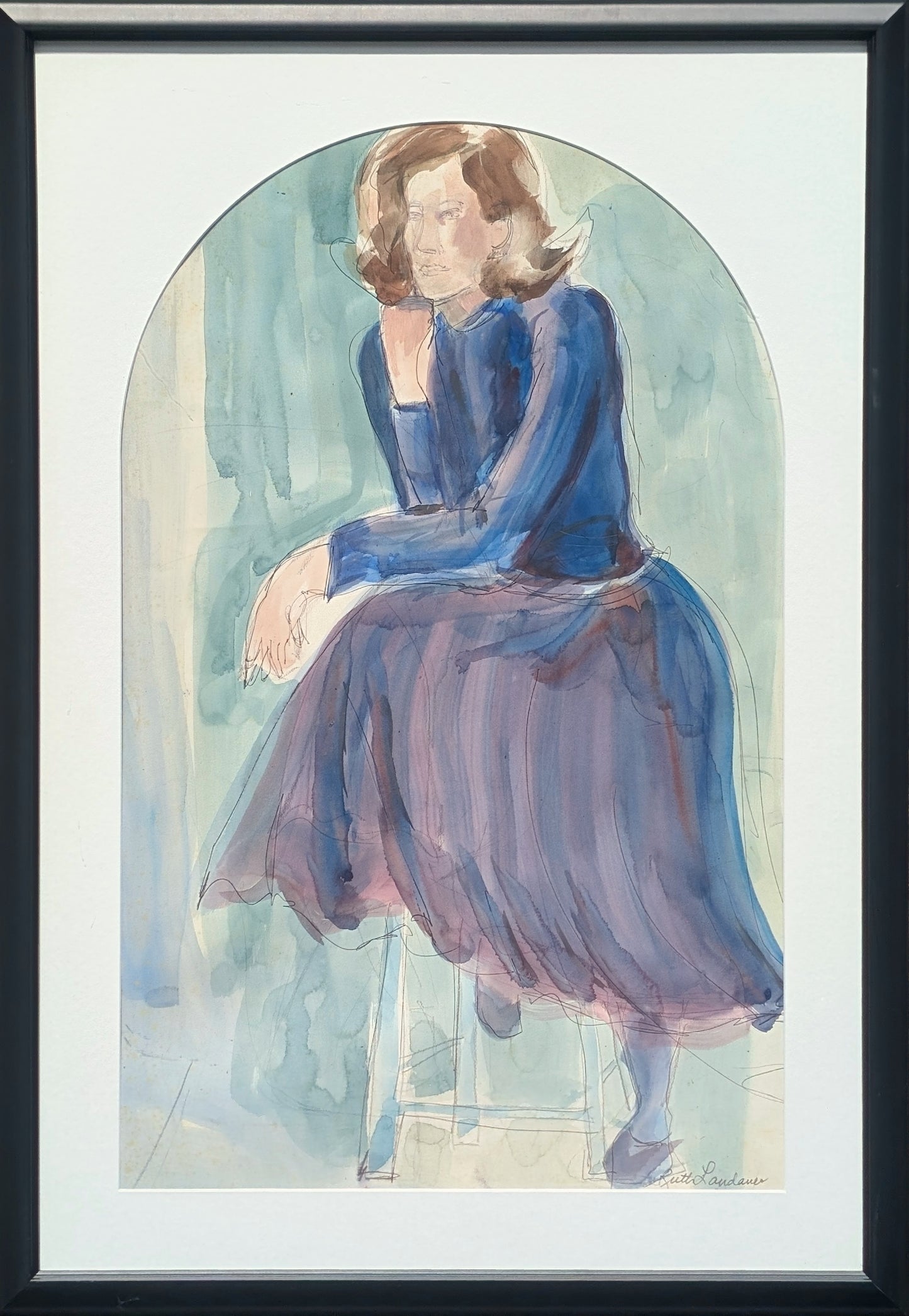 RUTH LANDAUER, "The Lady, She Thinks" Gestural Watercolor Portrait of a Woman in Blue and Purple