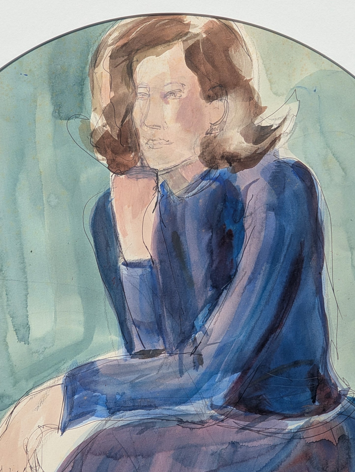 RUTH LANDAUER, "The Lady, She Thinks" Gestural Watercolor Portrait of a Woman in Blue and Purple