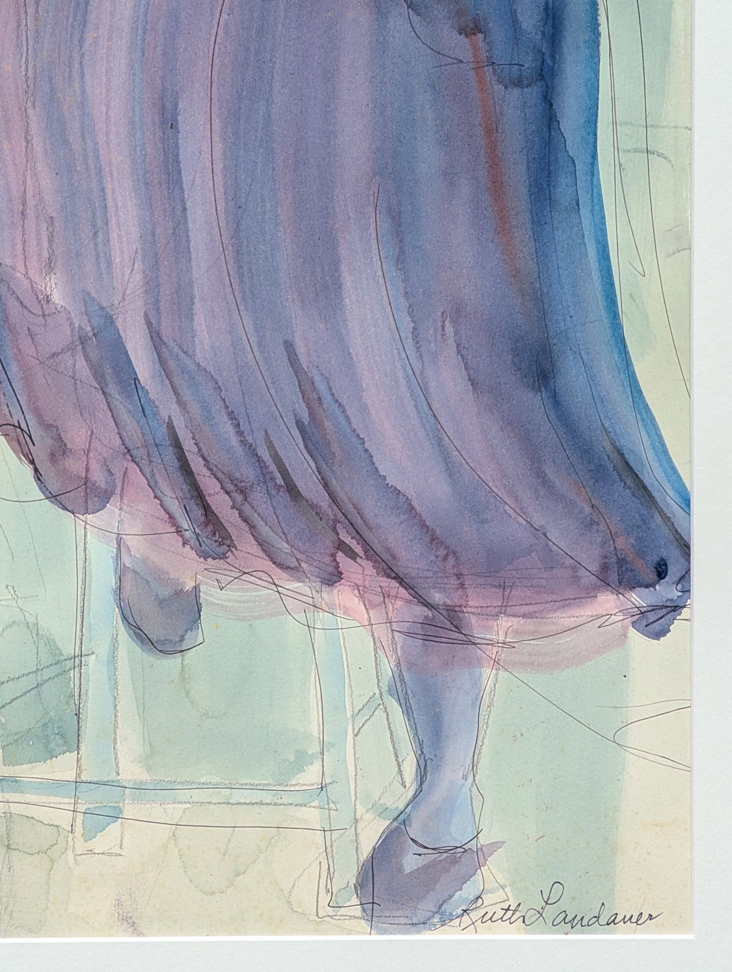 RUTH LANDAUER, "The Lady, She Thinks" Gestural Watercolor Portrait of a Woman in Blue and Purple