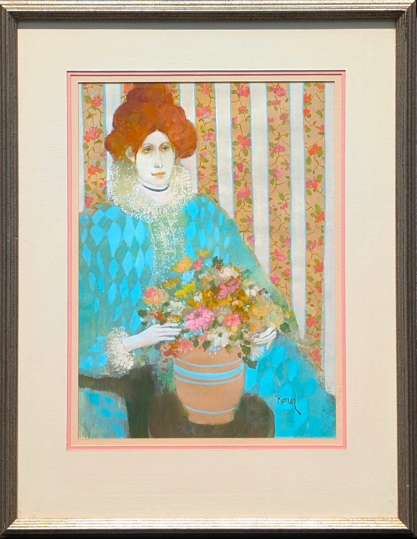 SHIRLEY ROMER, "Le Jeune Fille" Colorful Portrait of a Young Woman with Flowers, 1960s