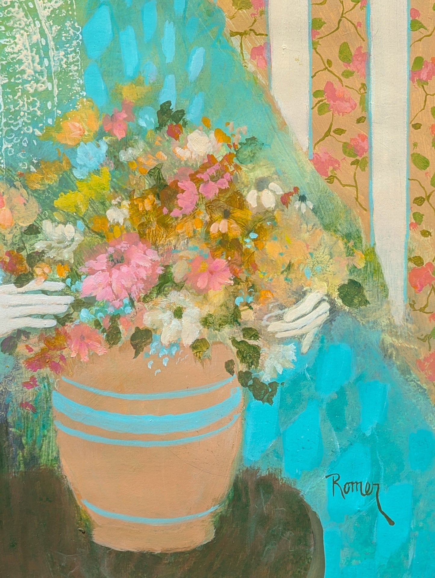 SHIRLEY ROMER, "Le Jeune Fille" Colorful Portrait of a Young Woman with Flowers, 1960s