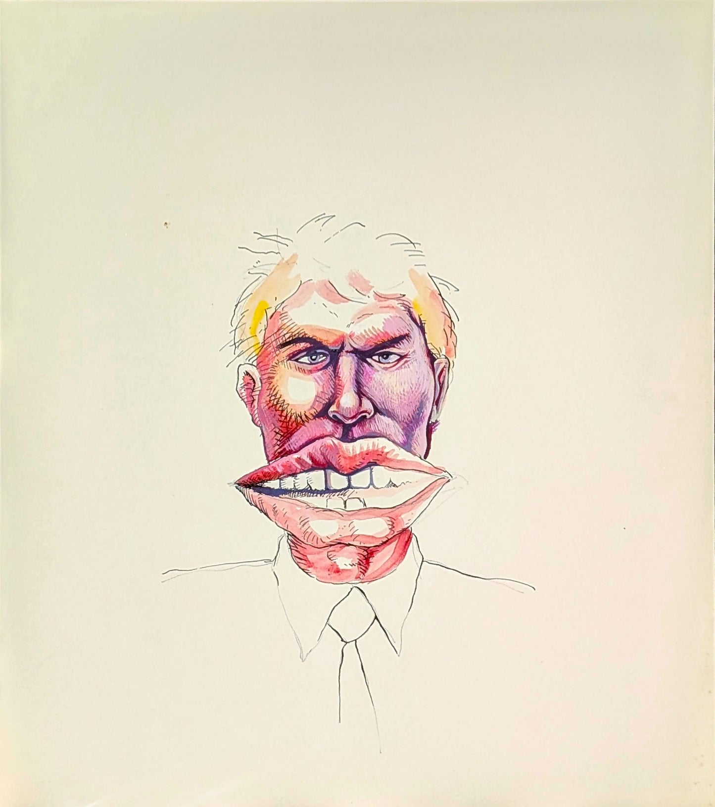 ROBERT COOK JR., Colorful Gouache and Ink Illustration of a Man with a Giant Mouth, 1980s