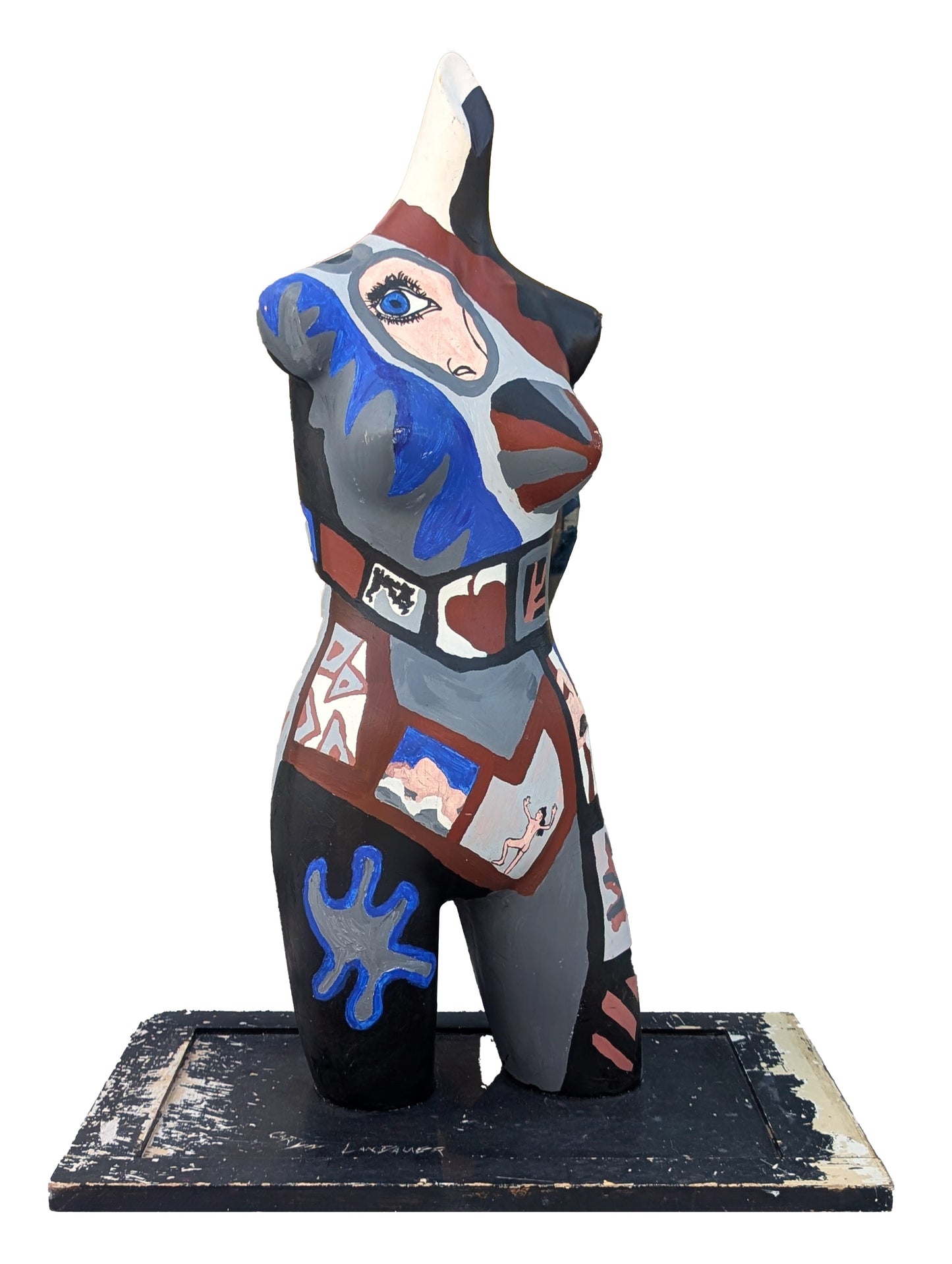 CARYN LANDAUER, Colorful Blue, Brown, & Grey Abstract Painted Headless Female Torso Sculpture, 1980s