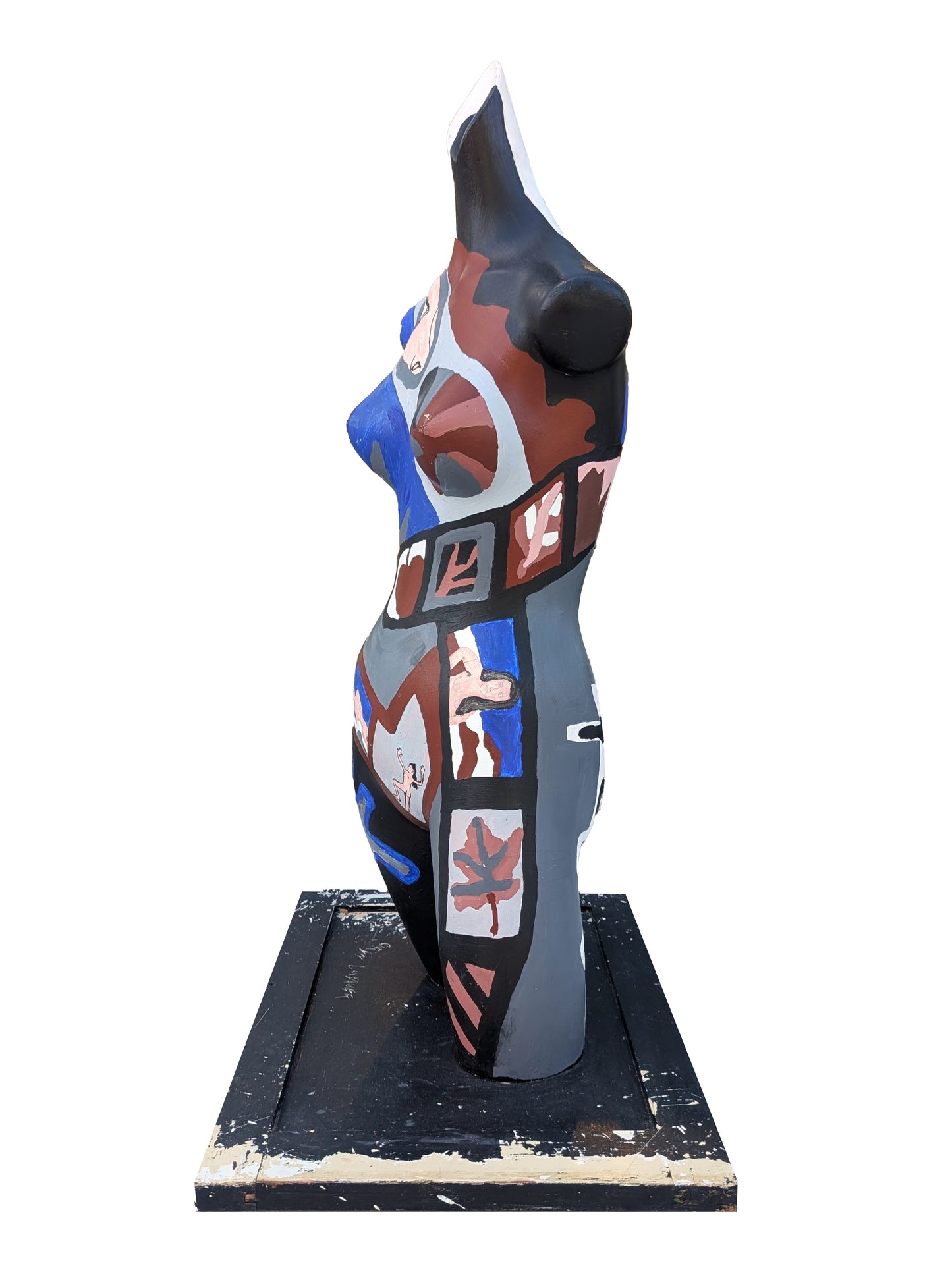 CARYN LANDAUER, Colorful Blue, Brown, & Grey Abstract Painted Headless Female Torso Sculpture, 1980s
