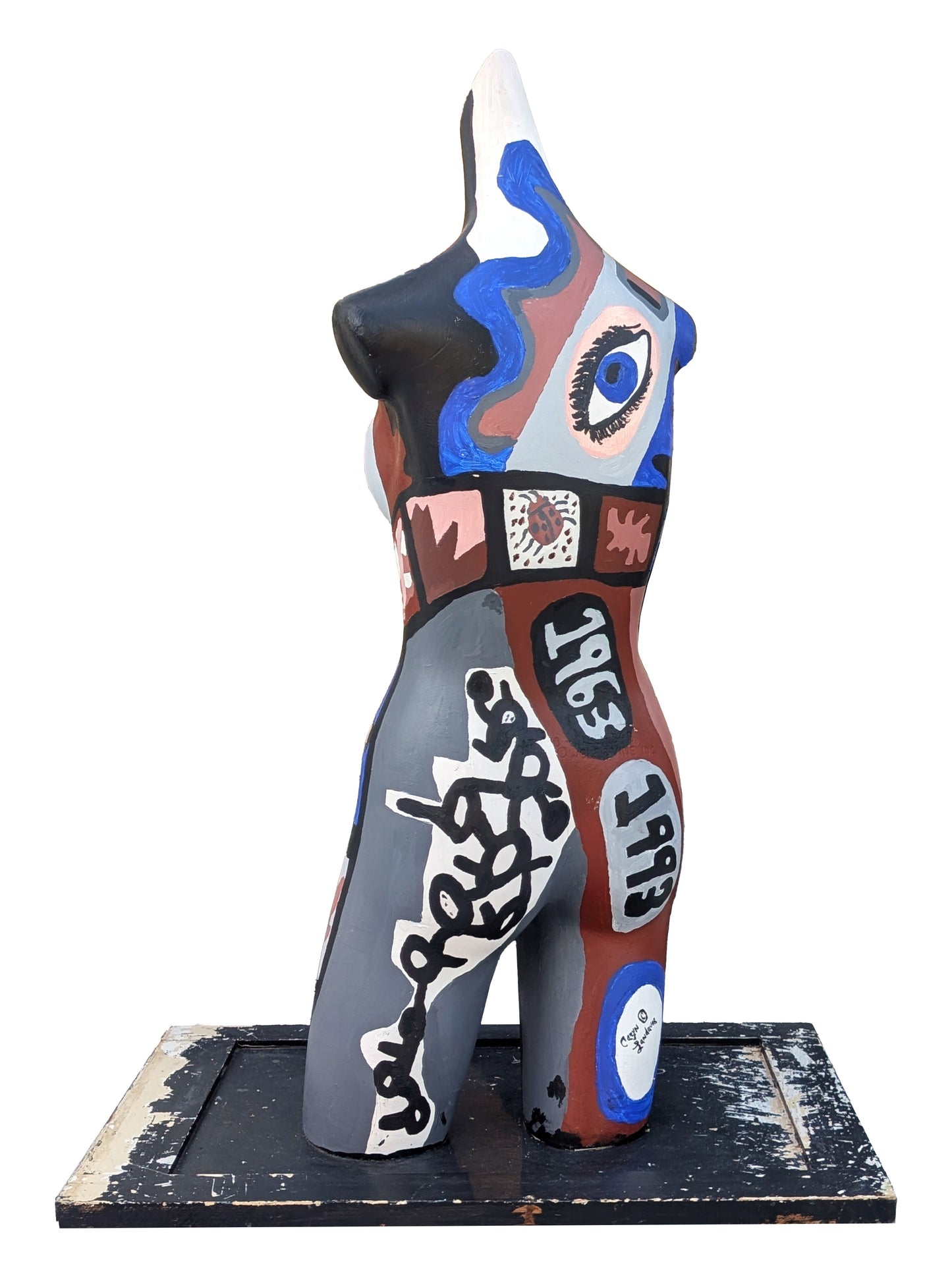 CARYN LANDAUER, Colorful Blue, Brown, & Grey Abstract Painted Headless Female Torso Sculpture, 1980s
