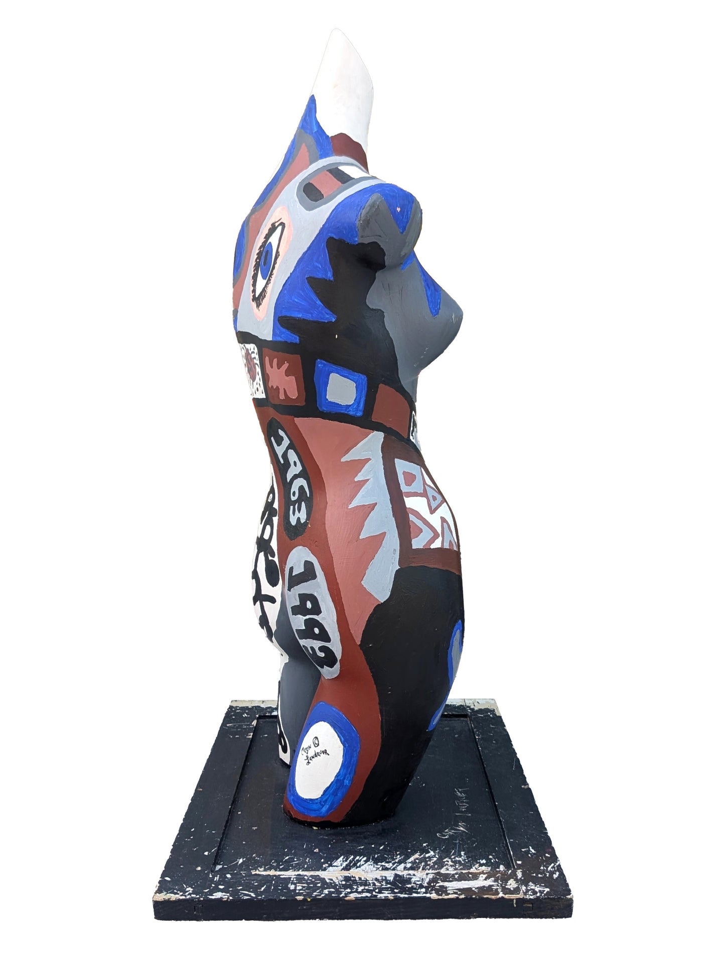 CARYN LANDAUER, Colorful Blue, Brown, & Grey Abstract Painted Headless Female Torso Sculpture, 1980s