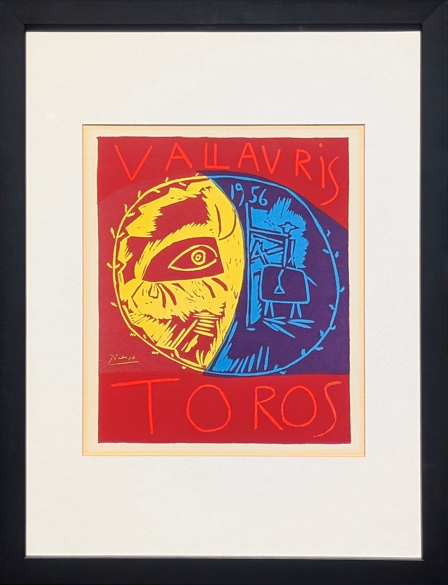 PABLO PICASSO, "Toros Vallauris, 1956" Modern Cubist Red, Blue, & Yellow Exhibition Poster Lithograph by Imprimerie Mourlot