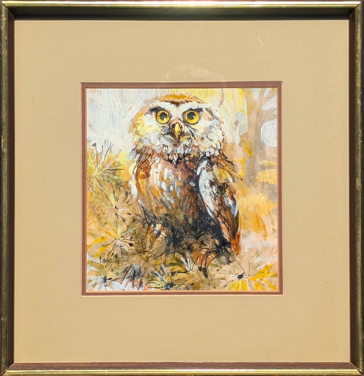 PANNE PARKER, Modern Brown, Orange, & Yellow Abstract Owl Painting, 1970s