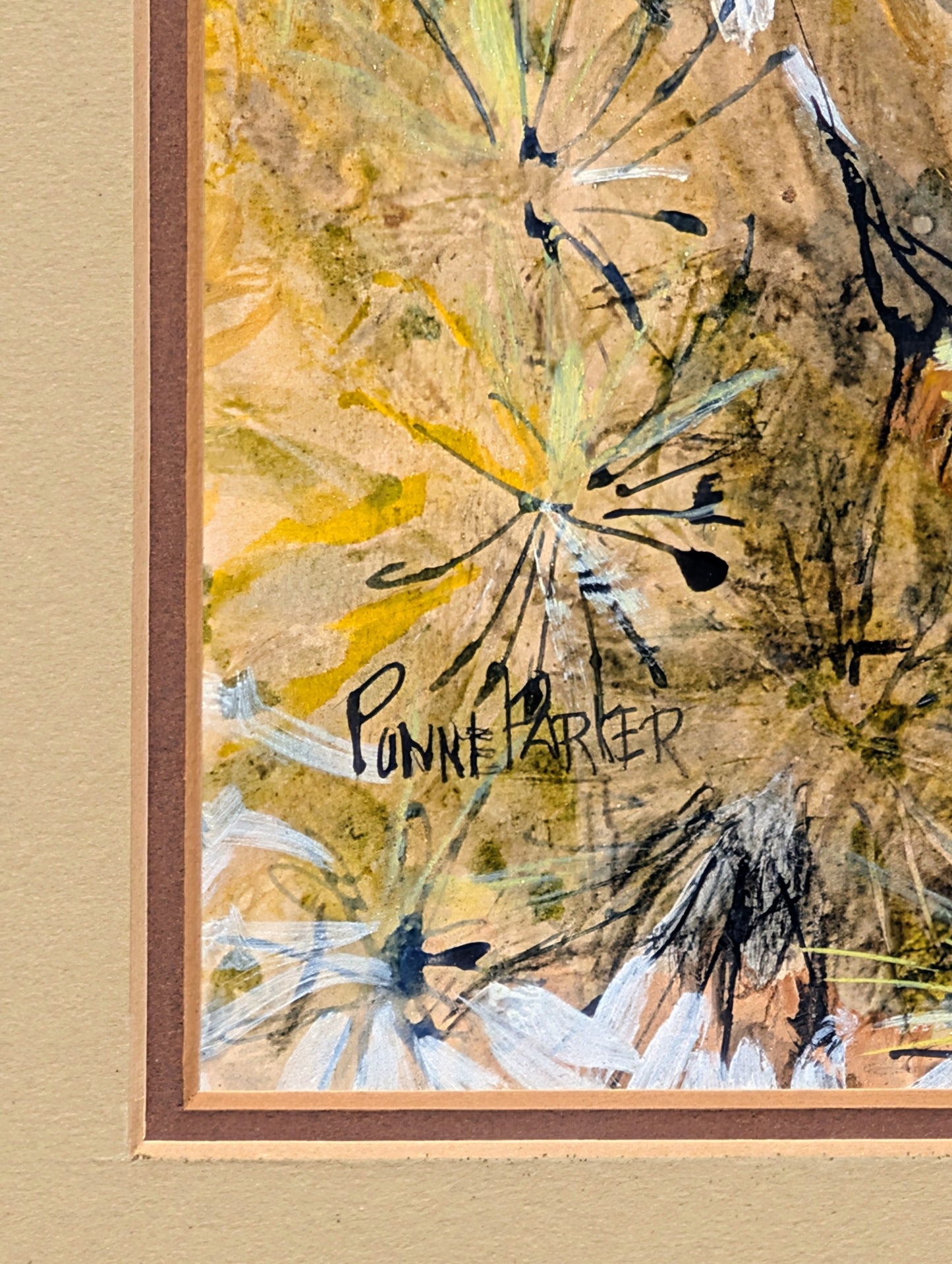PANNE PARKER, Modern Brown, Orange, & Yellow Abstract Owl Painting, 1970s