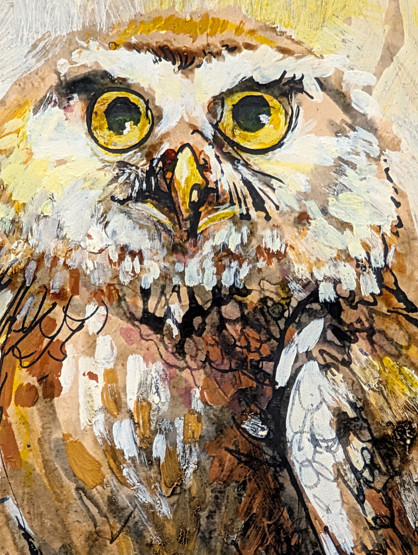 PANNE PARKER, Modern Brown, Orange, & Yellow Abstract Owl Painting, 1970s