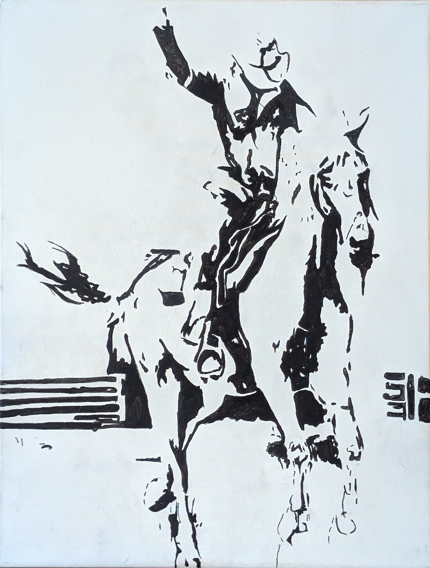 ROBIN BAKER, Contemporary Black and White Painting of a Western Cowboy Riding a Horse, 2026