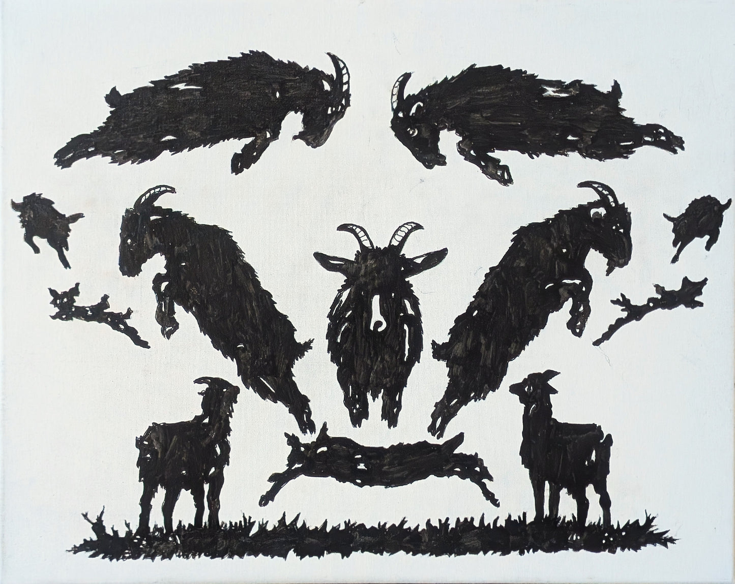 ROBIN BAKER, Contemporary Black and White Abstract Painting of Leaping Goats, 2026