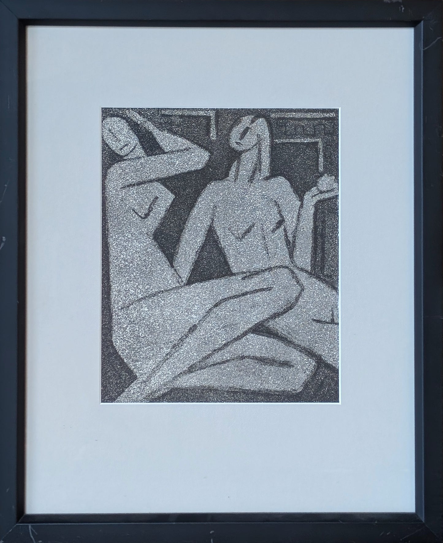 UNKNOWN, Modern Abstract Black and White Drawing of a Pair of Nude Female Figures