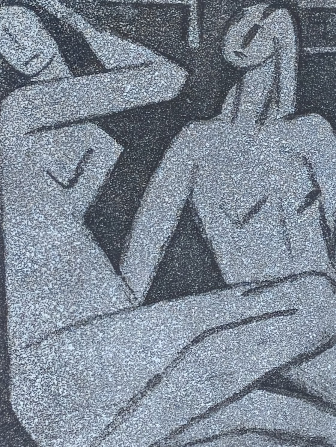 UNKNOWN, Modern Abstract Black and White Drawing of a Pair of Nude Female Figures