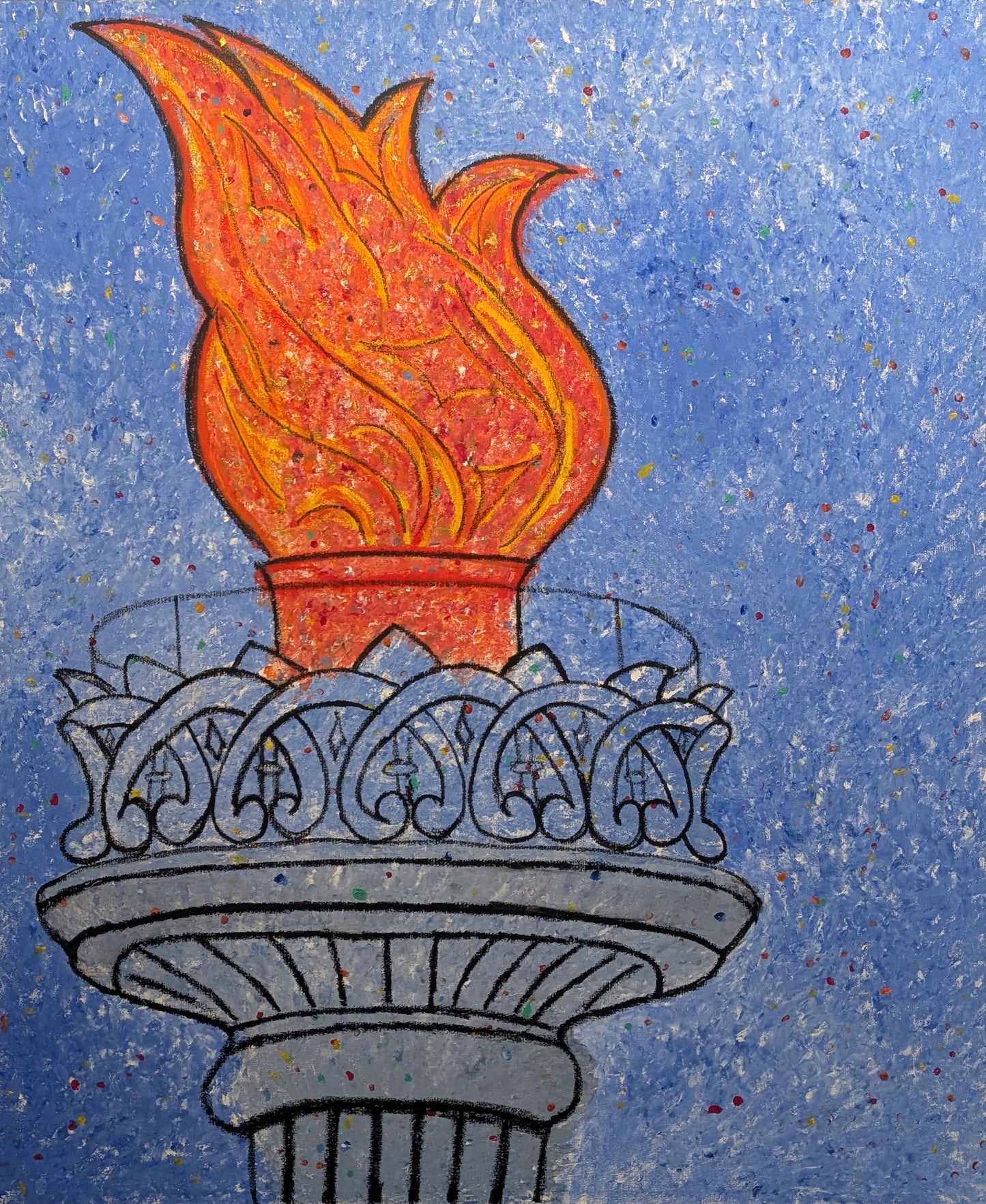 Contemporary Colorful Blue and Orange Abstract Painting of a Lit Torch