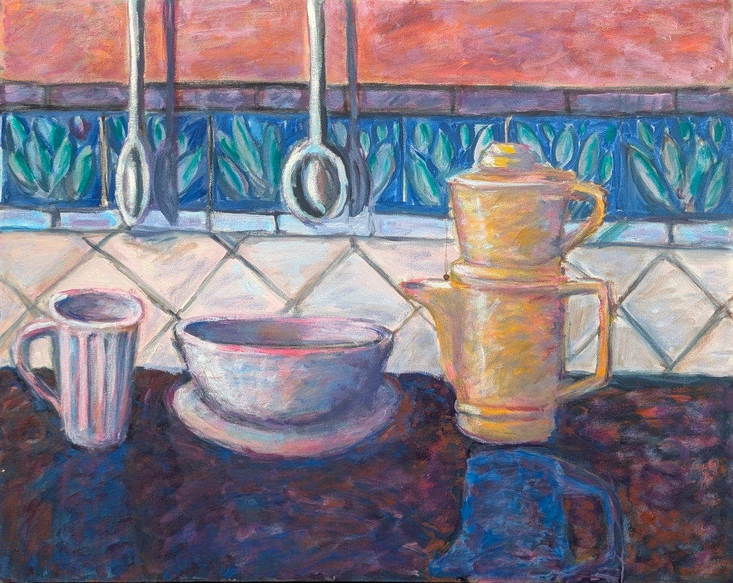 Jewel Toned Kitchen Still Life Scene Painting of Cups and a Kettle