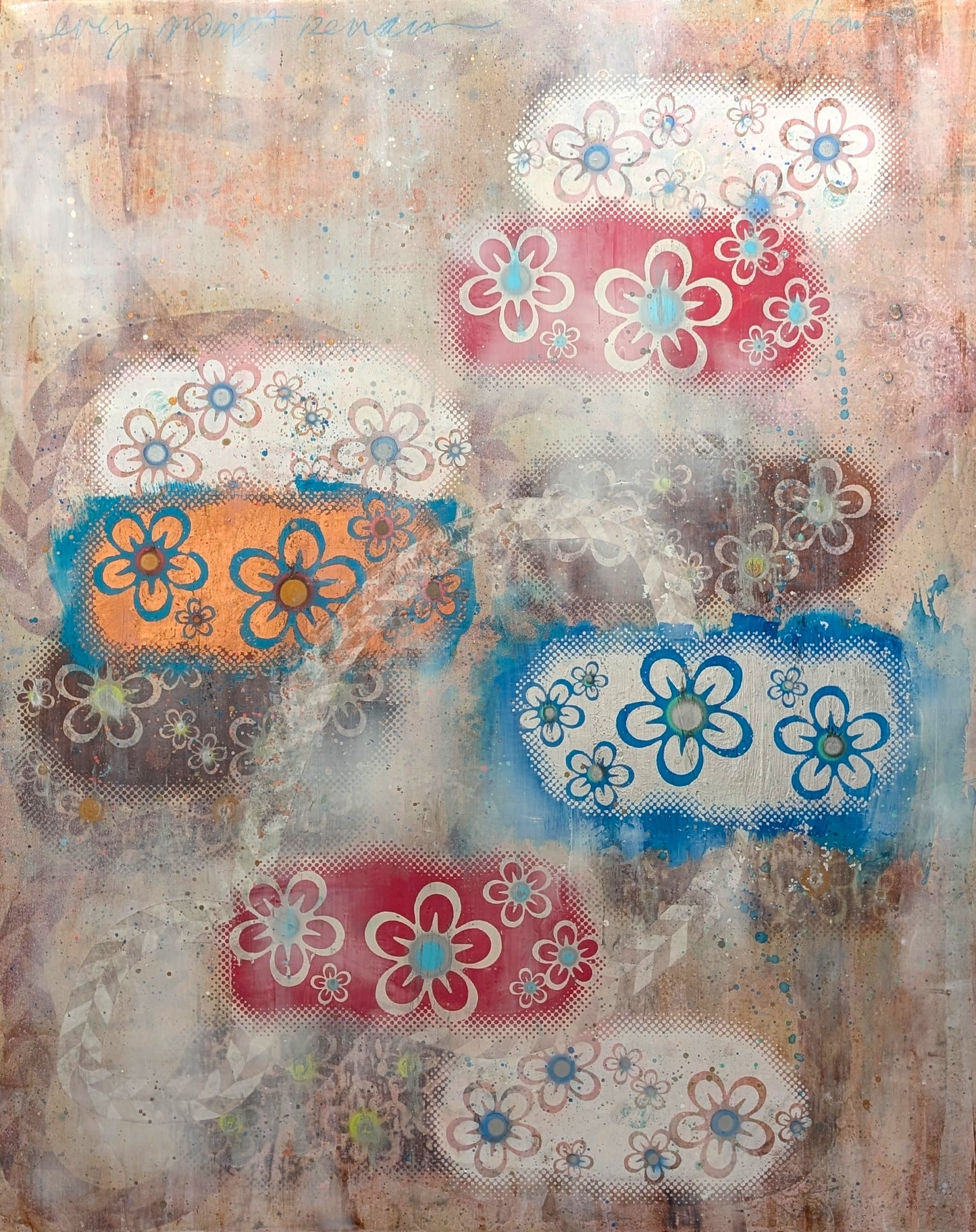 Contemporary Neutral Toned Floral Abstract with Red, Blue, & Orange Accents
