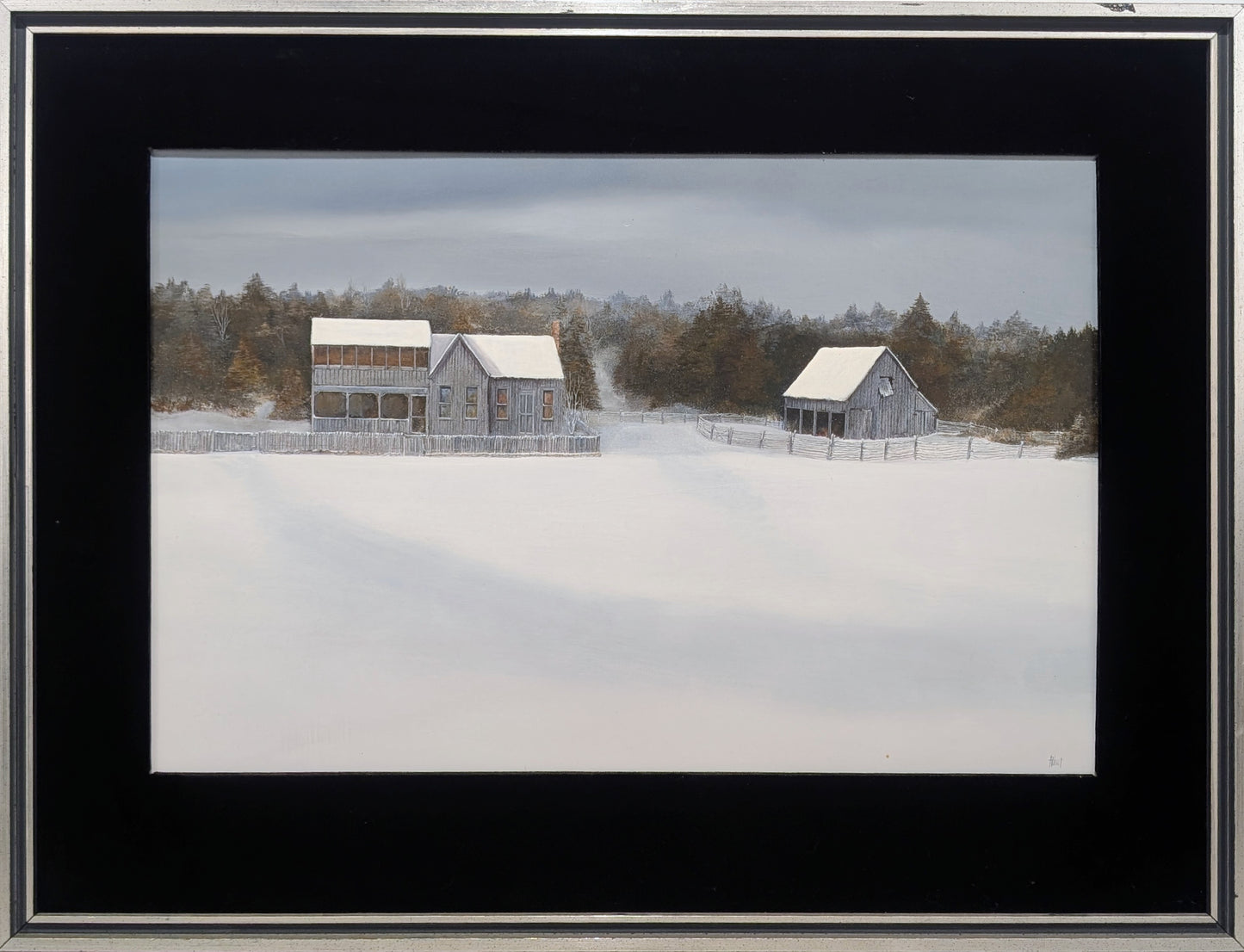 ANN HUNT, "Once Upon a Time" Naturalistic Winter Landscape Painting of Snow Covered Farmhouses