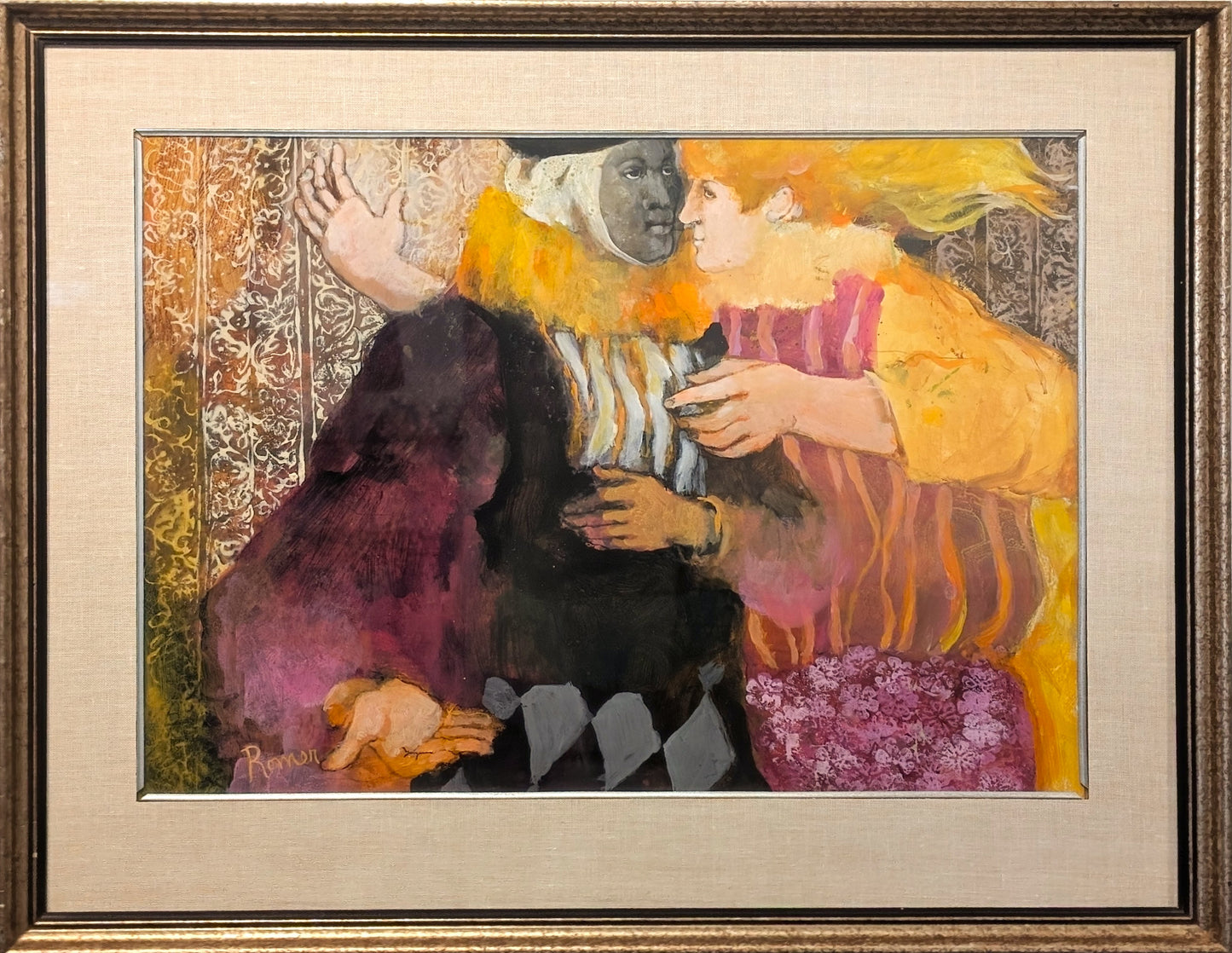 SHIRLEY ROMER, "Harlequins" Yellow and Purple Toned Abstract Harlequin Figures Painting
