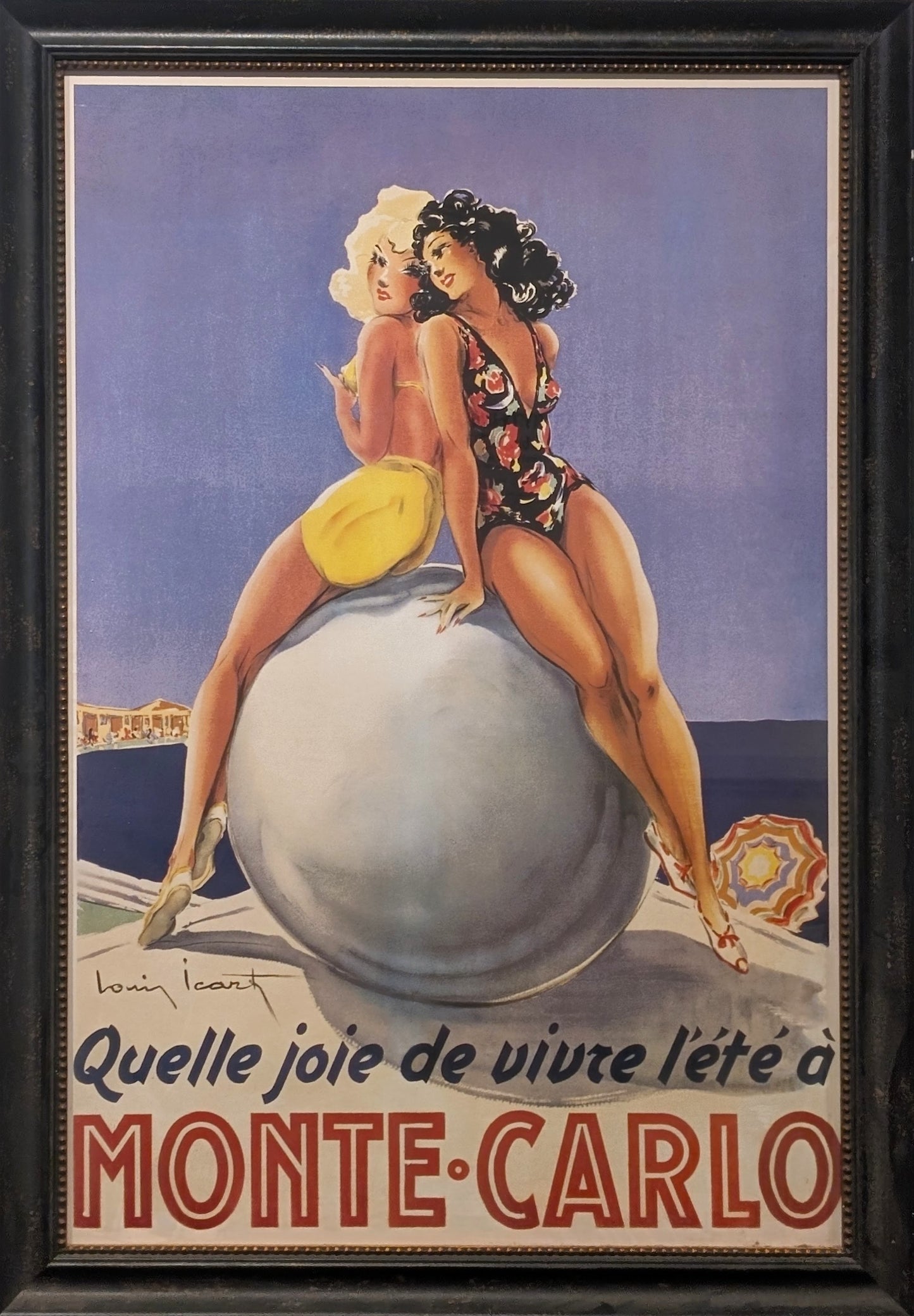 Monte Carlo Vintage Travel Poster Featuring Women on the Beach Designed by Louis Icart