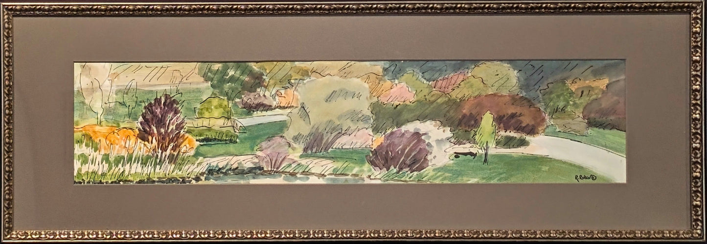 Dark Toned Mauve, Yellow, & Green Abstract Gestural Landscape Painting