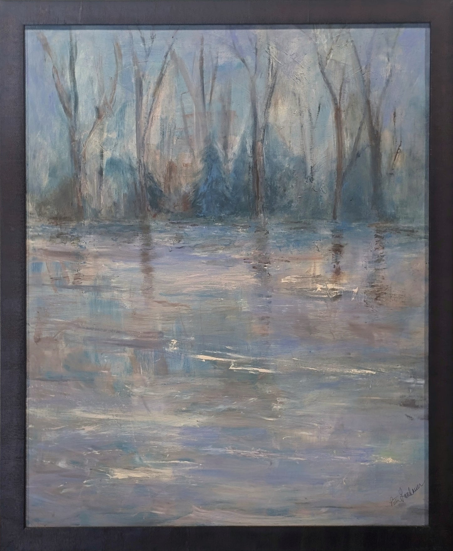 "Forest Side II" Modern Blue Toned Abstract Forest Landscape Painting