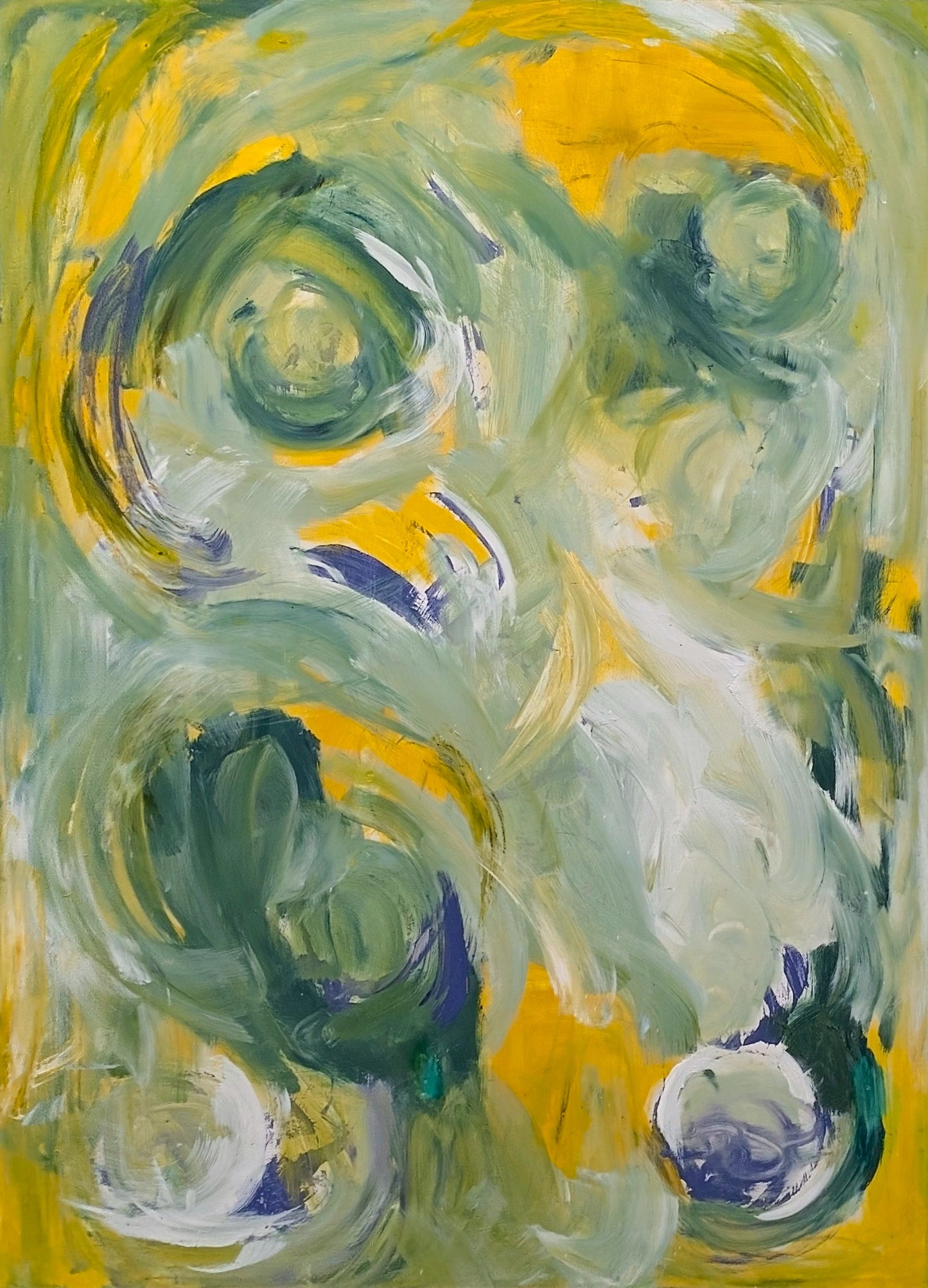 "Tracie's Eyes" Contemporary Yellow, Blue, & Green Gestural Abstract Painting