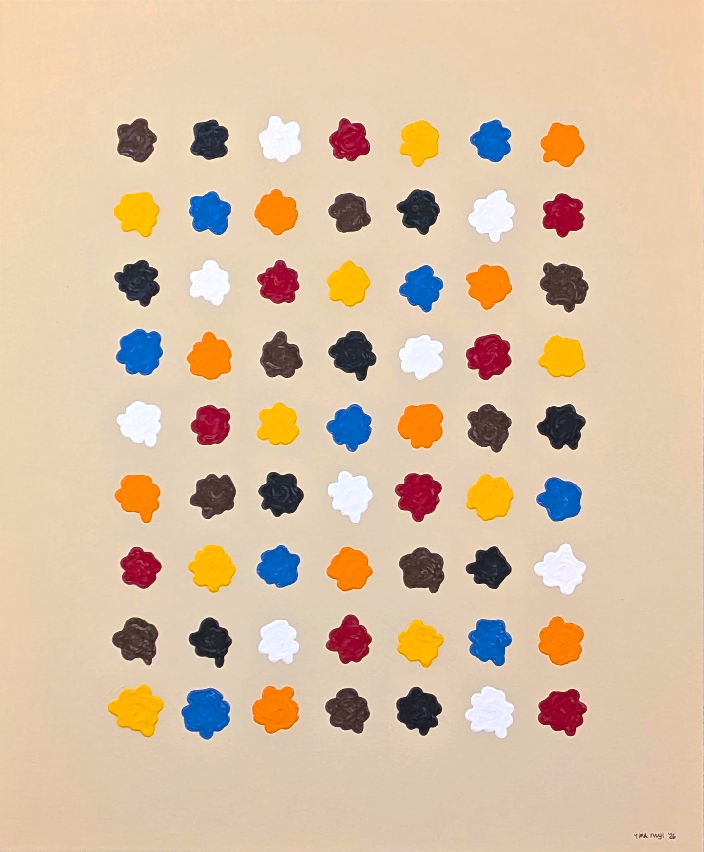TINA RUYI, "Blobs!" Contemporary Blue, Red, Yellow, & Orange Abstract Painting of a Grid of Blob Shapes, 2026