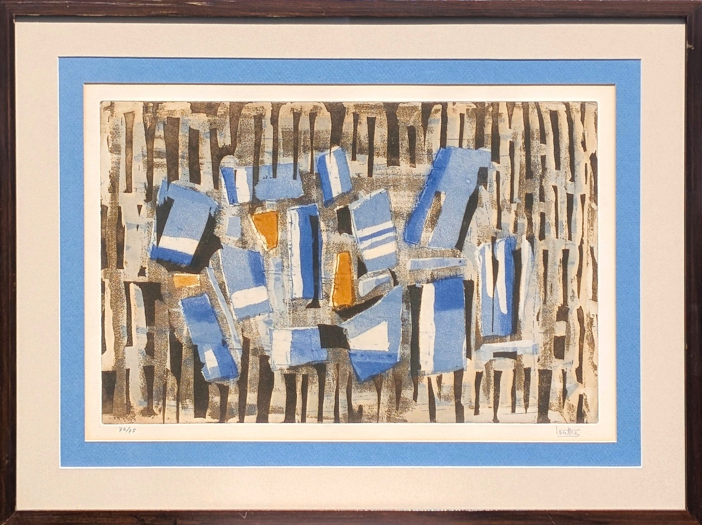 LOUTTRE B, Modern Abstract Blue and Orange Patterned Lithograph Ed. 72/75, 1960s