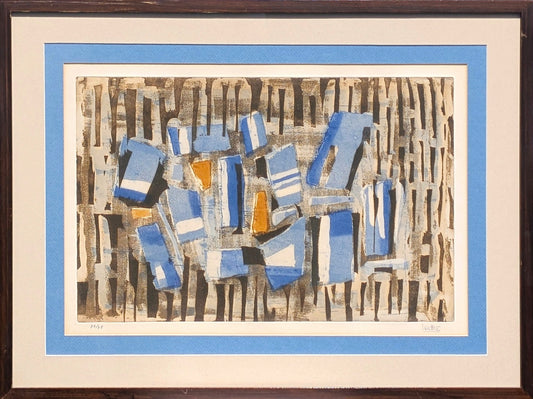 LOUTTRE B, Modern Abstract Blue and Orange Patterned Lithograph Ed. 72/75, 1960s